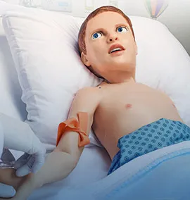 Pediatric HAL patient simulator cries while turning his head and eyes to look at a learner drawing blood from his arm.